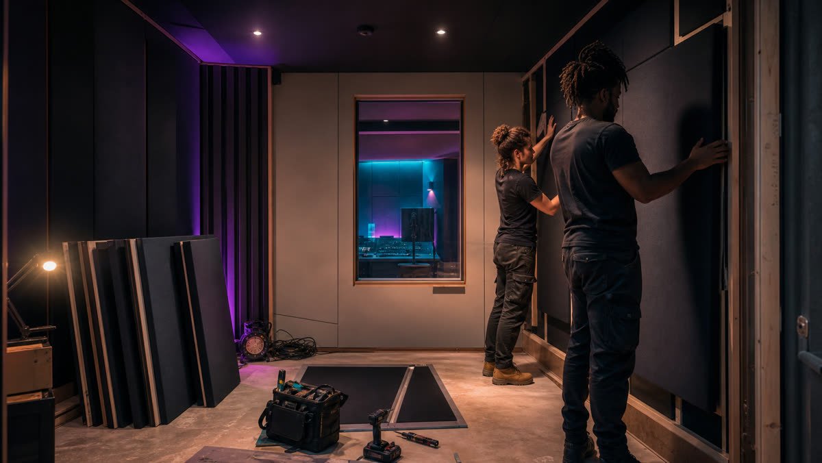 Pose des panneaux acoustiques pendant les travaux du studio