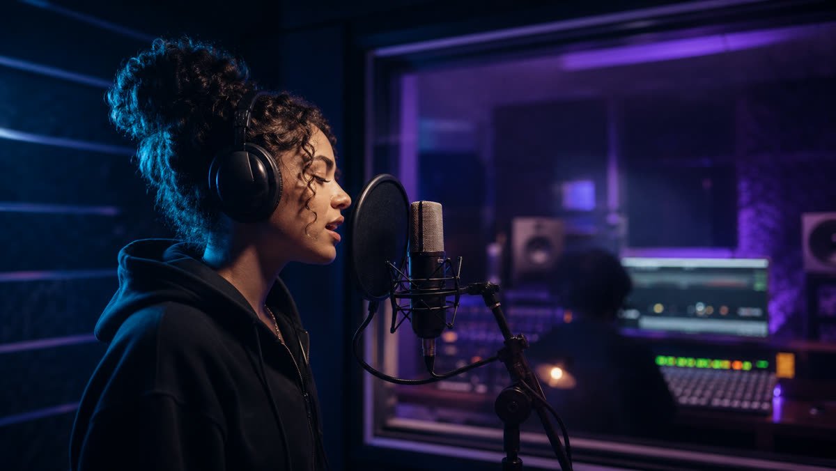 Une jeune artiste enregistre au micro du studio