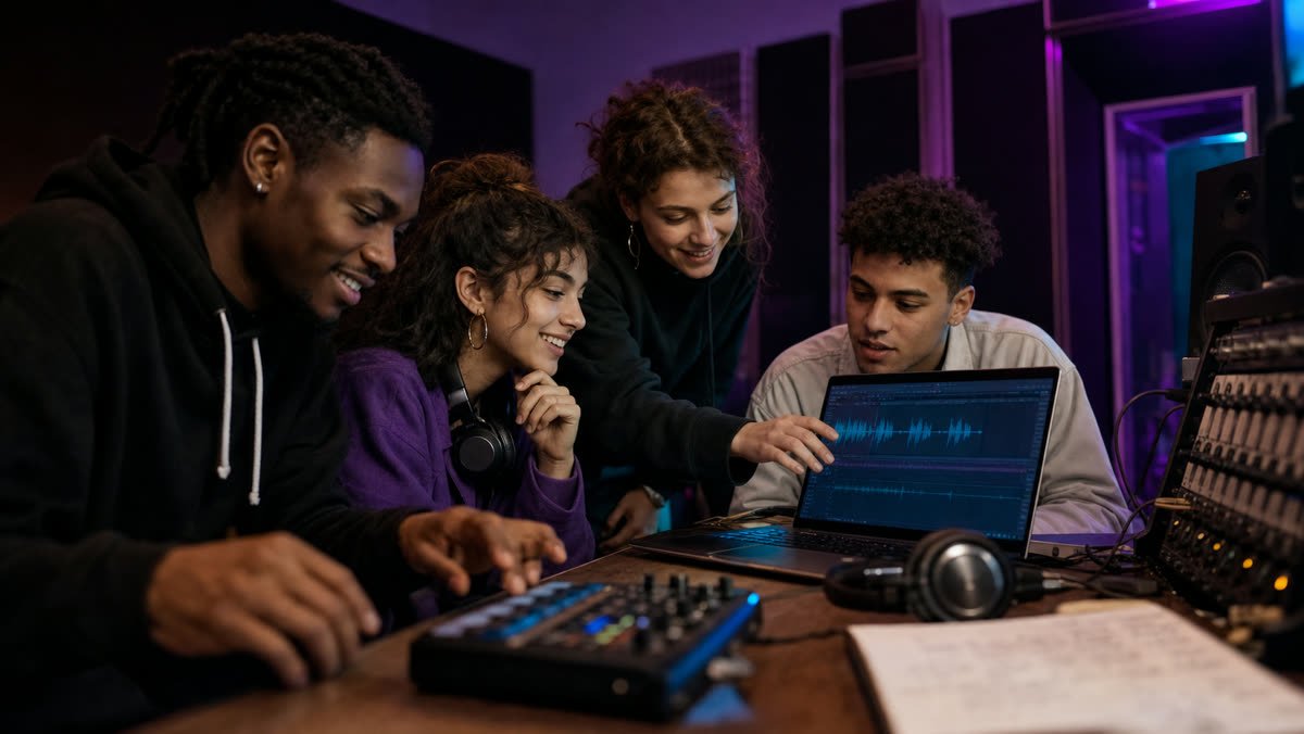 Des jeunes créent ensemble autour d'un ordinateur au studio